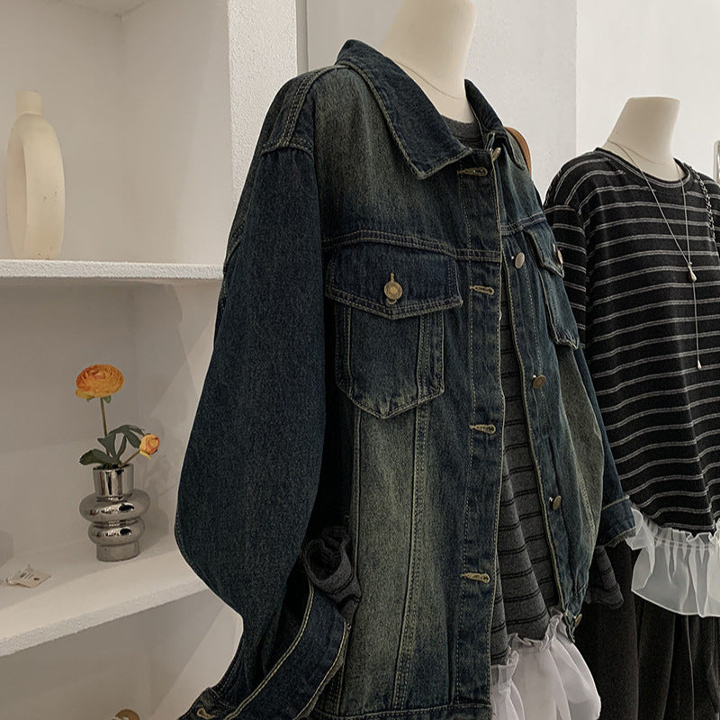 Vintage Distressed Denim Jacket for Women, Loose Fit Single-Breasted, Long Sleeve Top