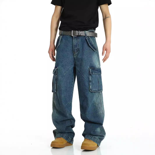 American Retro Multi Pocket Heavy-Duty Jeans for Men - Washed Street Hip-Hop Work Pants
