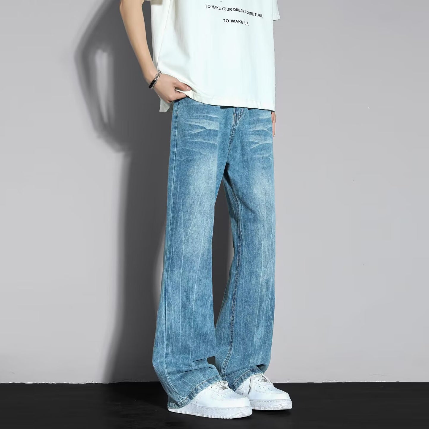 Men's Casual Straight Loose Wide Leg Pants - Blue Denim