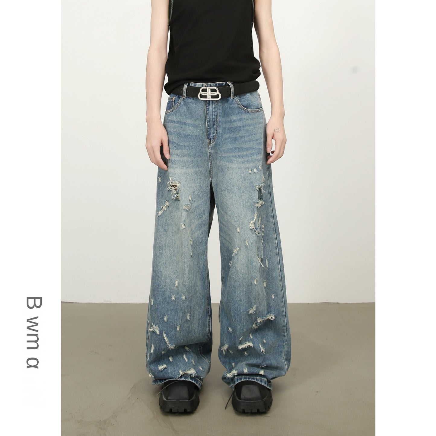American High Street Washed Distressed Denim Trousers - Men's Loose Wide-Leg Straight Leg Long Pants