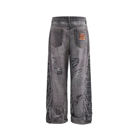 Heavy-Duty Vintage Wash Loose Fit Denim Trousers with Digital Print
