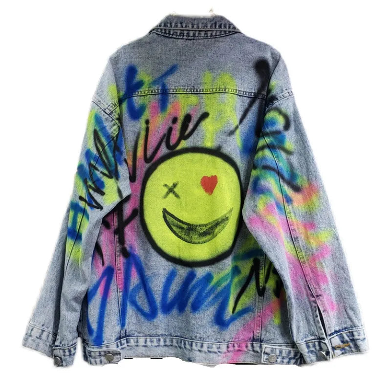 Women's Denim Jacket - Streetwear Loose Fit Graffiti Jeans Coat with Pockets