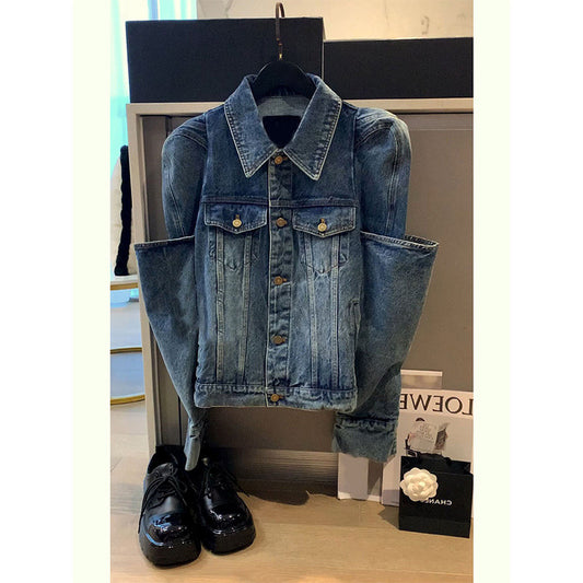 Fashion Women's Solid Color Denim Coat - Autumn Turn-down Collar Button Pockets Long Sleeve Jacket