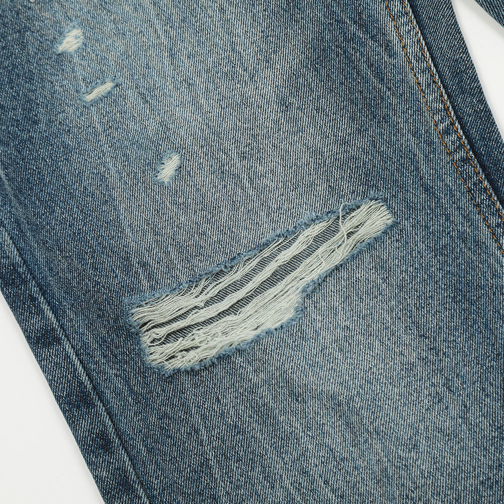 Punched And Washed Denim Straight Leg Jeans Mid Waist Blue