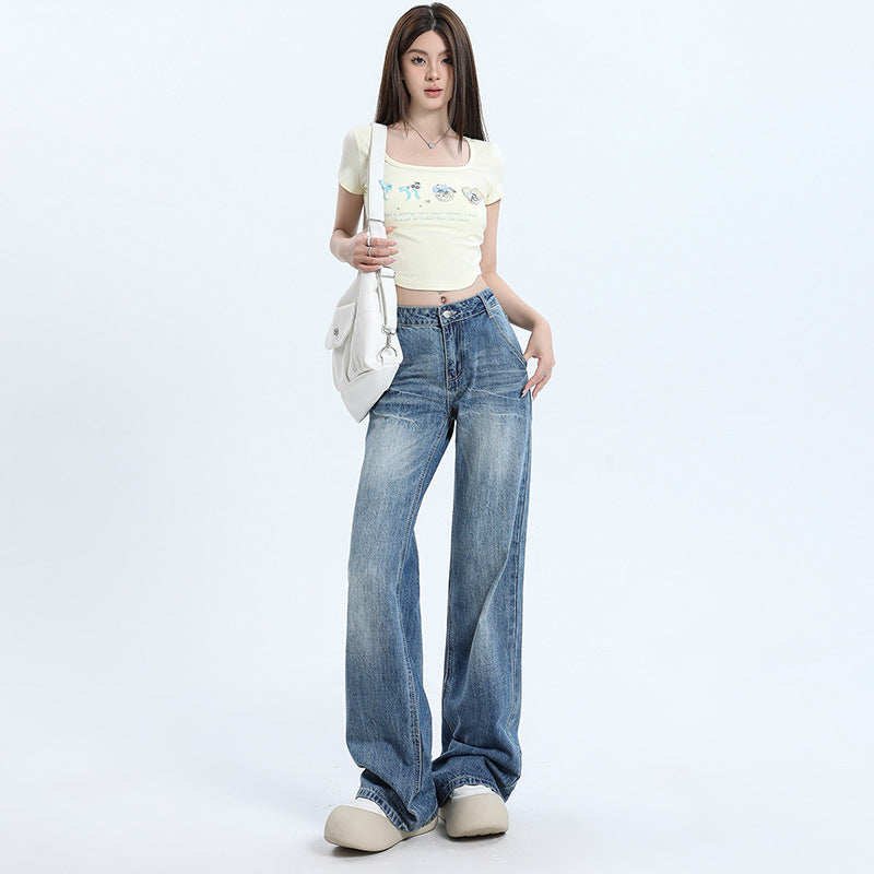 Women's Low Waist Flared Jeans with Cracked Design Long Pants