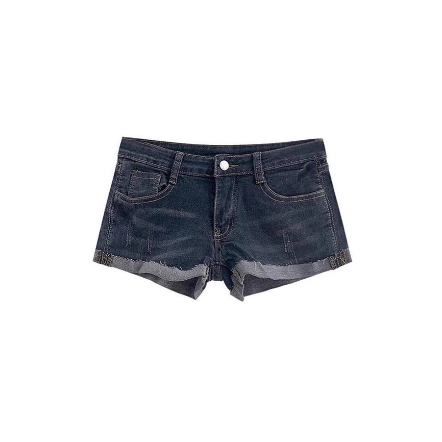 Low Waist Hip-Padded Denim Shorts for Women with Frayed Hem and Pockets - Sexy Fitted Skirt Style