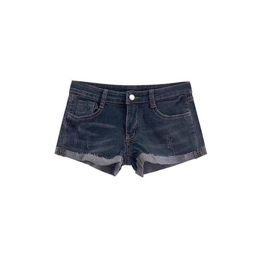 Low Waist Hip-Padded Denim Shorts for Women with Frayed Hem and Pockets - Sexy Fitted Skirt Style
