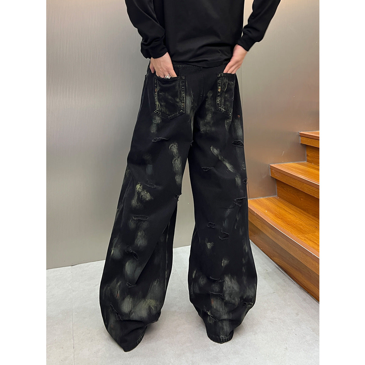 Graffiti Washed Ripped Denim Loose Wide Leg Pants