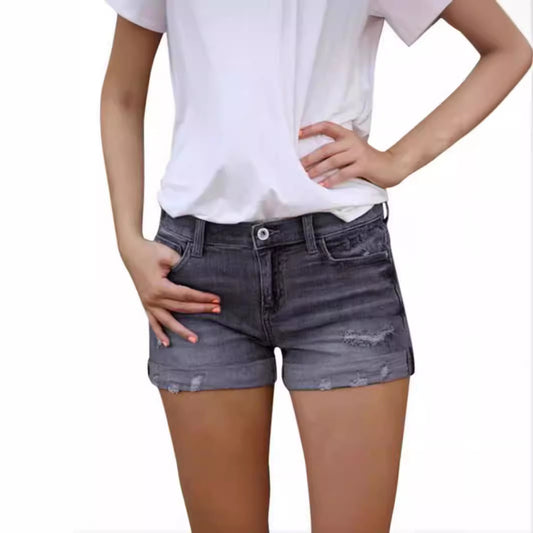 Stretch Slim Fit Ripped Tassel Denim Shorts for Women