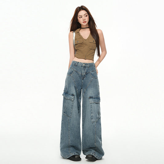 Women's Multi-Pocket Workwear Denim Pants - Loose Wide-Leg Style