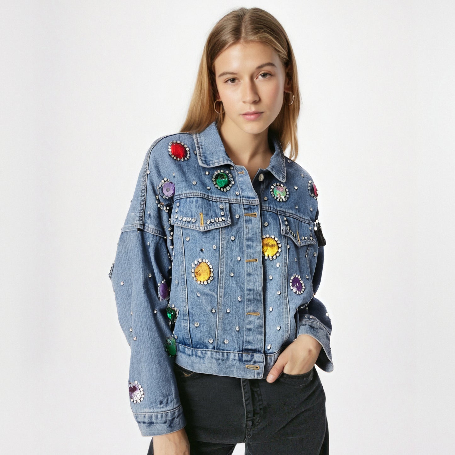 Colorful Diamond Denim Jacket for Women