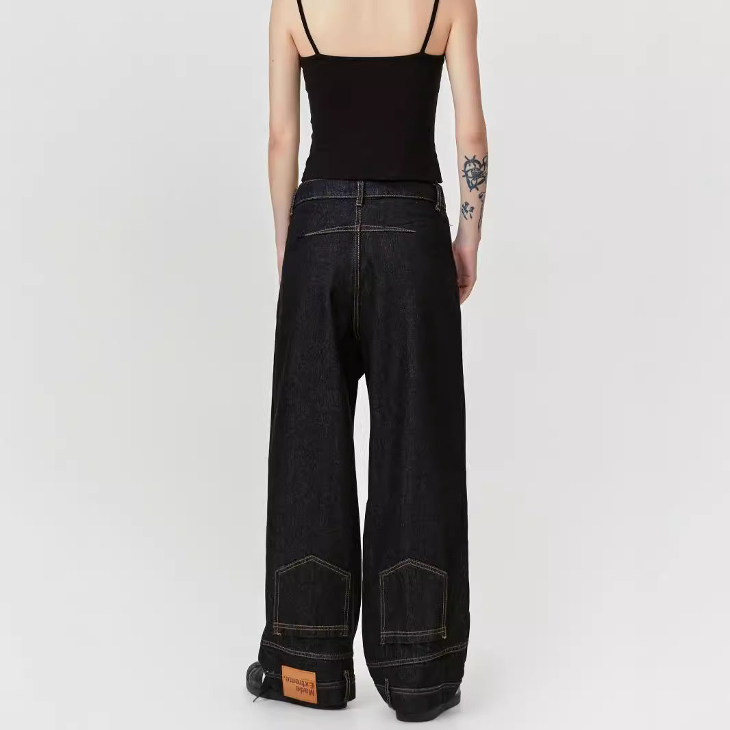 Inverted Reverse Design Washed Distressed Loose Straight Wide Leg Jeans