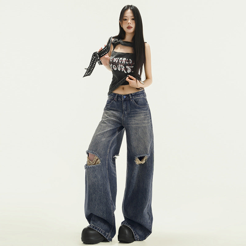 Women's Ripped High Waist Wide Leg Pants - Slimming Distressed Denim Trousers
