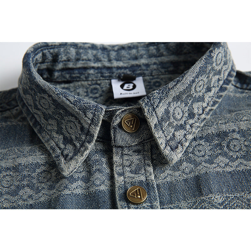 Striped Jacquard Long Sleeved Shirt Men's Distressed Washed Denim Shirt