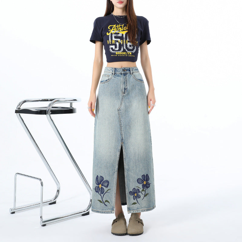 Embroidered Floral Denim Skirt for Women - High Waist Slim Fit Midi A-Line Dress