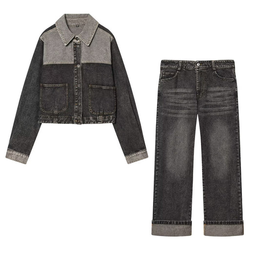 Spring Denim Jacket & Rolled Denim Jeans Set for Women — Coordinated Polyester Two-Piece