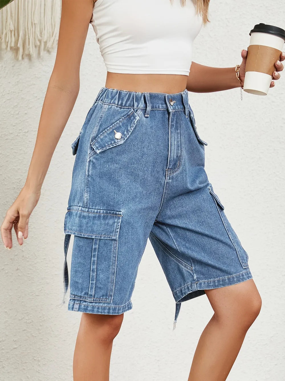 High Waist Denim Shorts with Pockets - Casual Chic Style