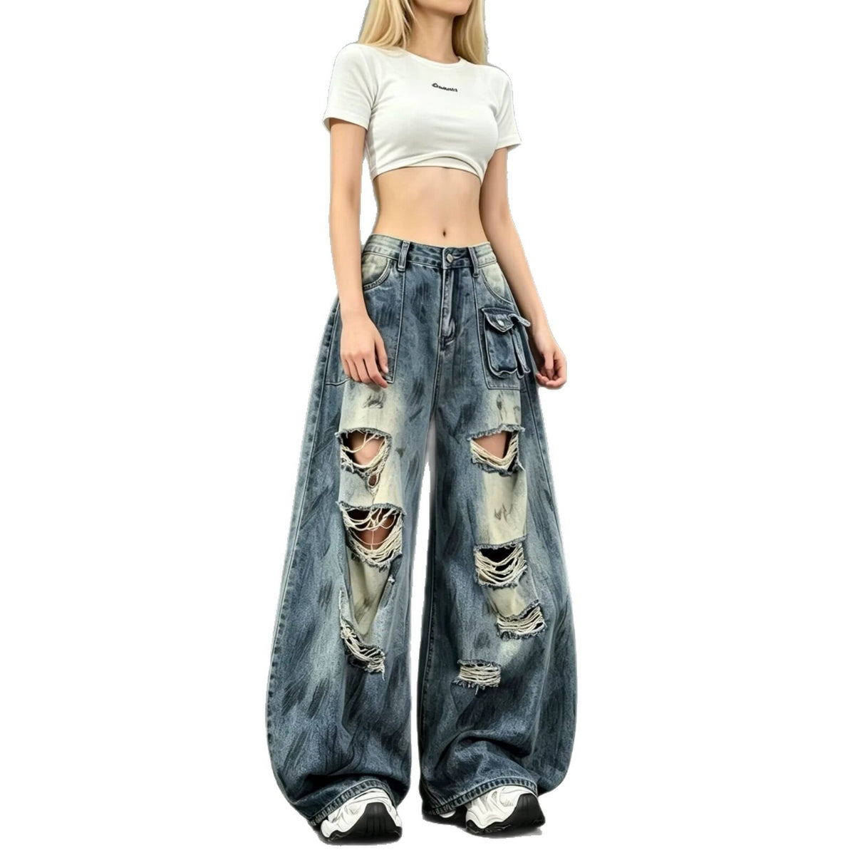 Vintage Desert Splatter Paint Ripped Fringed Wide-Leg Jeans for Women — Loose Slimming Mid-Rise, Multi-Pocket Floor-Length