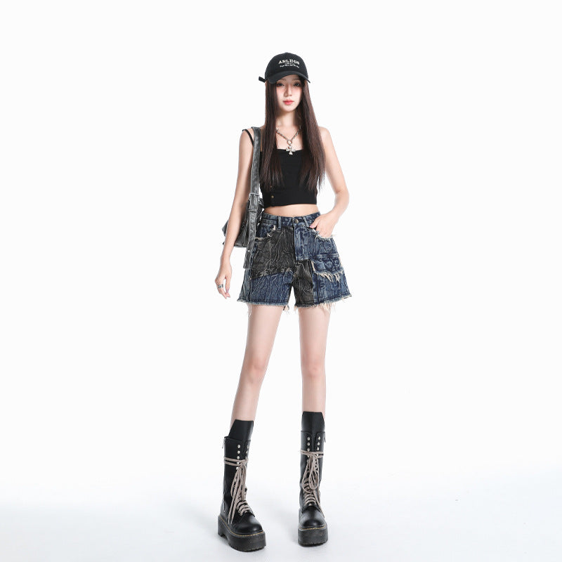 Women's Lightweight Denim Summer Shorts - Petite A-Line Color Blocked Loose Wide-Leg Hot Pants