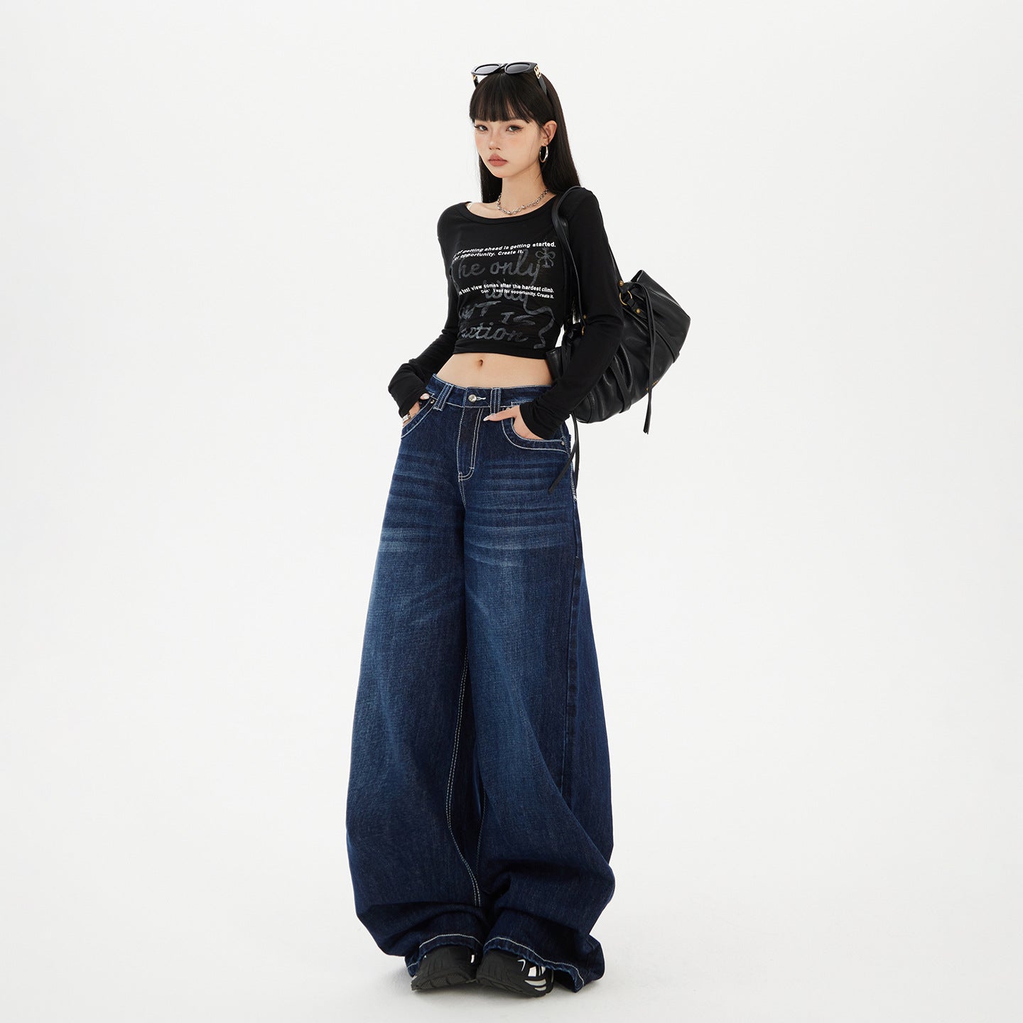 Women's Dark Blue High-Waist Wide-Leg Jeans