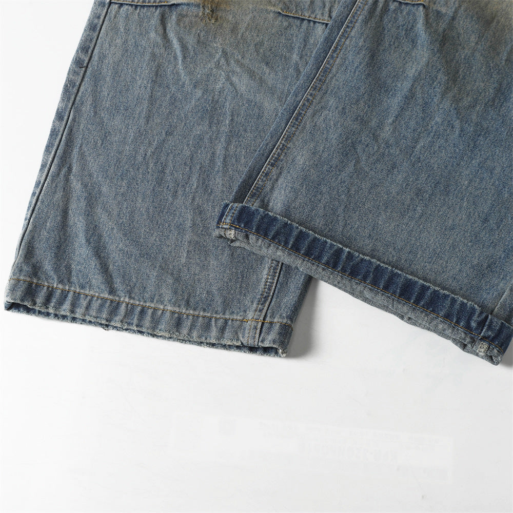 Men's Distressed Denim Jeans with Paint Splatter and Ripped Details