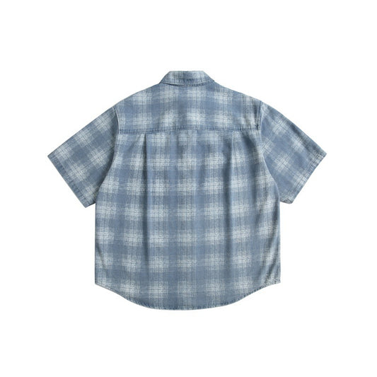 Color Blocked Plaid Perforated Casual Denim Shirt for Men