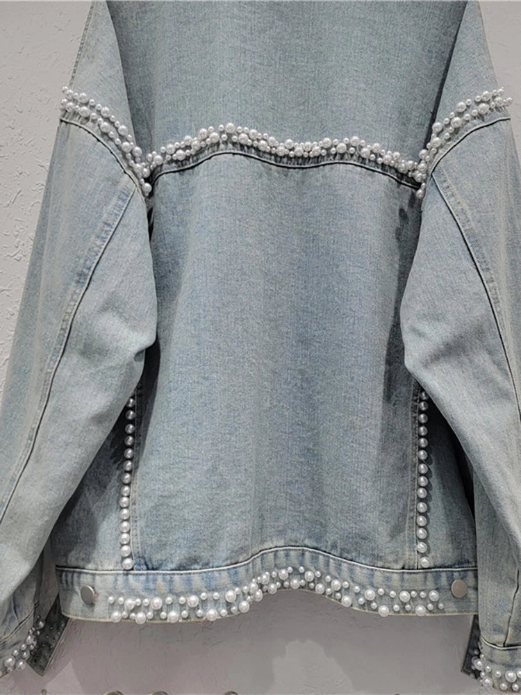 Women's Light Blue Denim Jacket with Pearl Embroidery and Flares