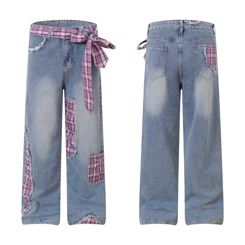 Plaid Denim Pants for Women - Loose Straight Wide-Leg Trousers