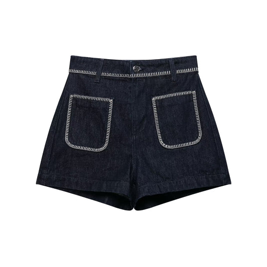 Embroidered Denim Shorts with Bright Thread for Women