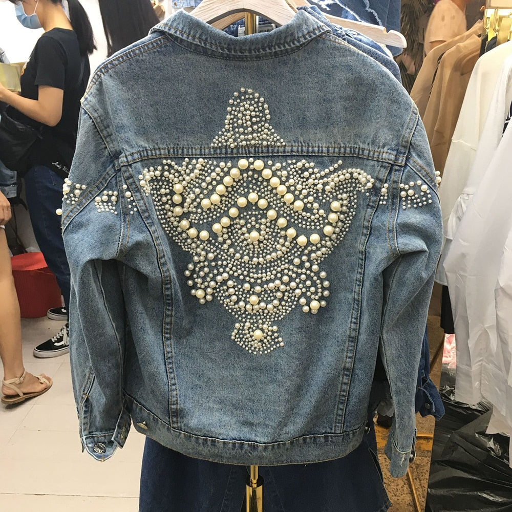 Embroidered Denim Jacket with Beading Design for Women - Vintage Long Sleeve Punk Outerwear