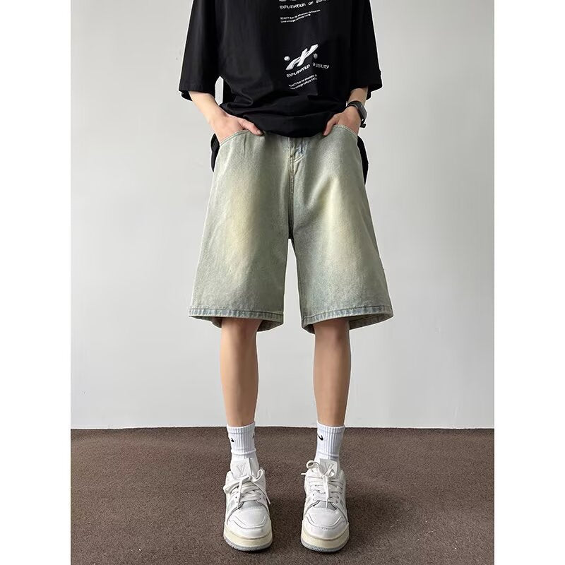 Retro Yellow Mud-Dyed Denim Zippered Niche Five-Quarter Pants