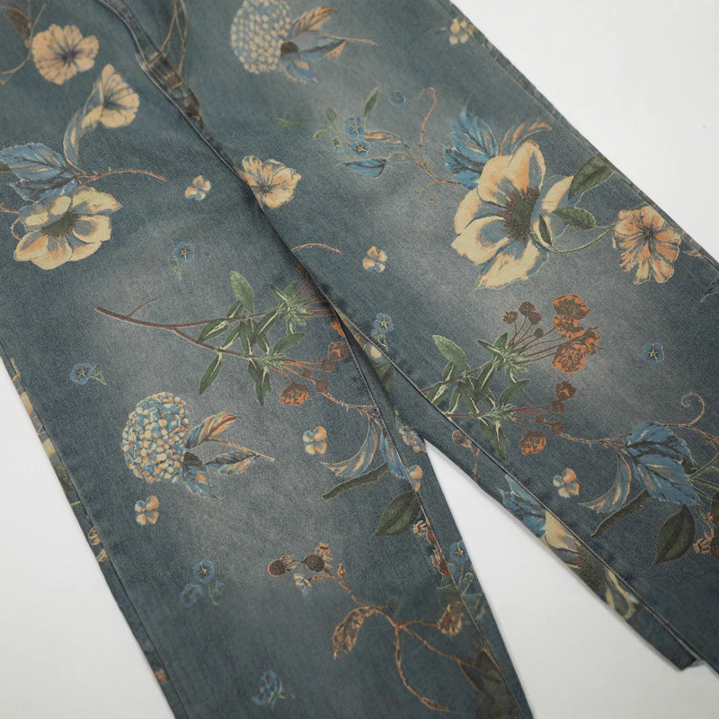 Unisex Floral Print Denim Pants with Unique Design - Straight Loose Wide Leg