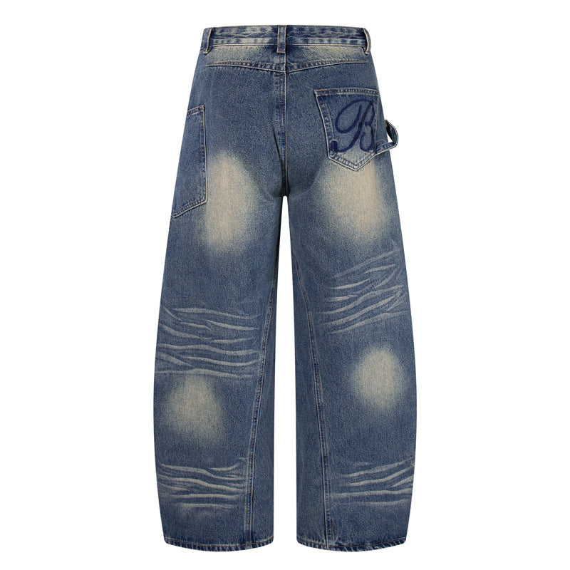 Vintage Washed Blue Denim Pants with Letter Embroidery for Men