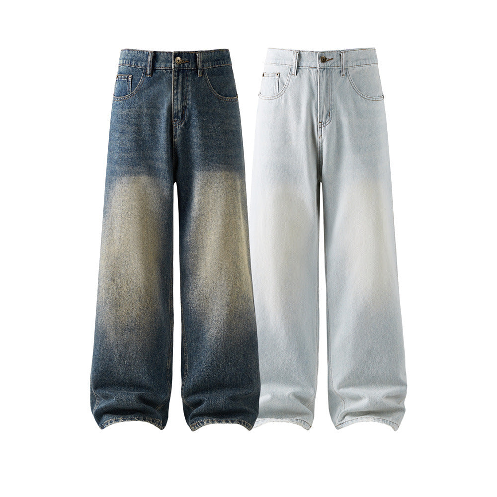 Retro Men's Dyed Straight Leg Jeans, Loose Wide-Leg Casual Pants