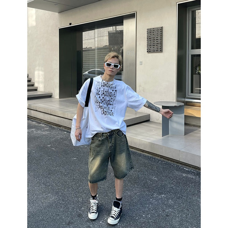 Blue Denim Casual Loose Five-Quarter Shorts for Men