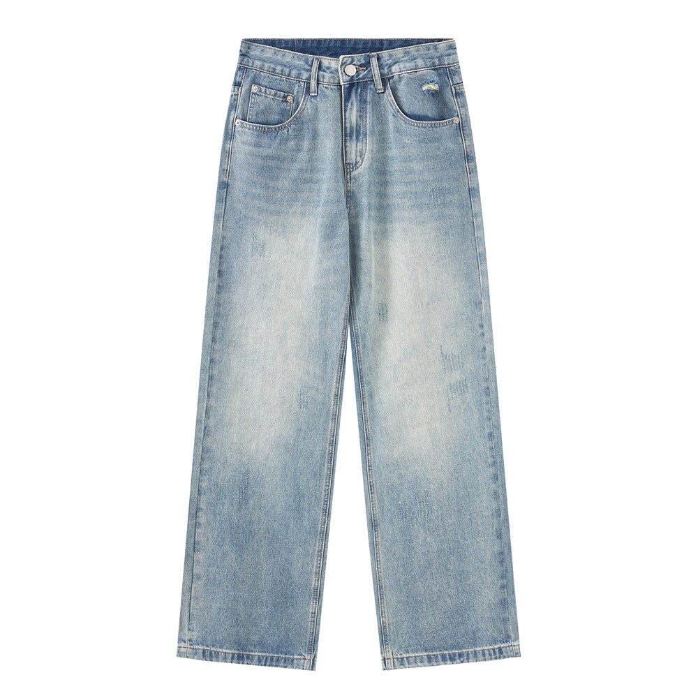 Vintage Men's Jeans, Washed Distressed Cat-Whisker Style, Casual Loose Fit, Versatile Men's Pants