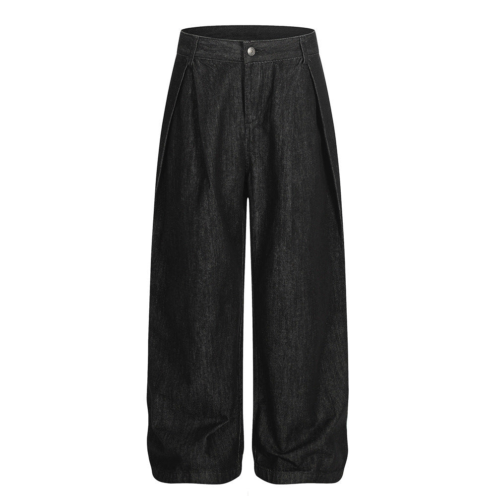 Vintage Men's Jeans, Pleated Wide-Leg  Brand Loose Straight-Leg Pants for Men