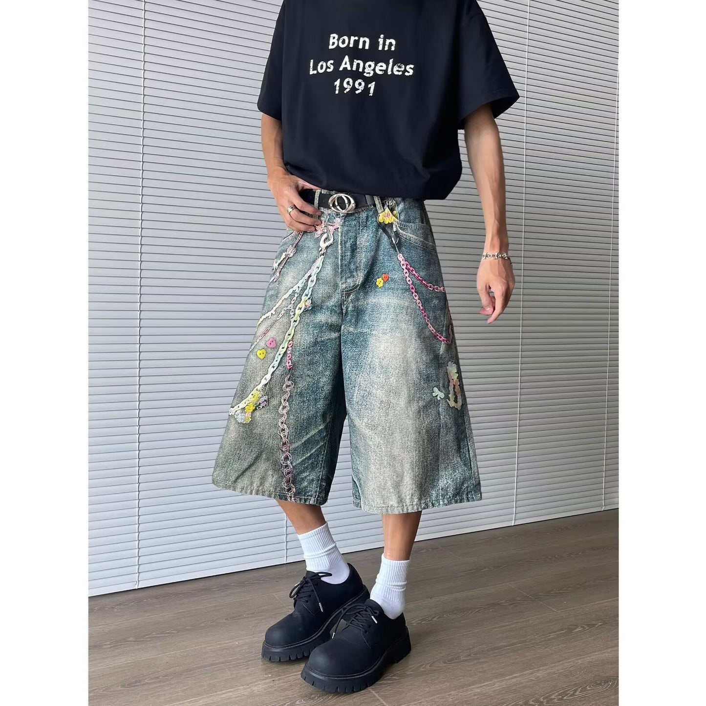 Vintage Chain Printed Denim Cropped Pants