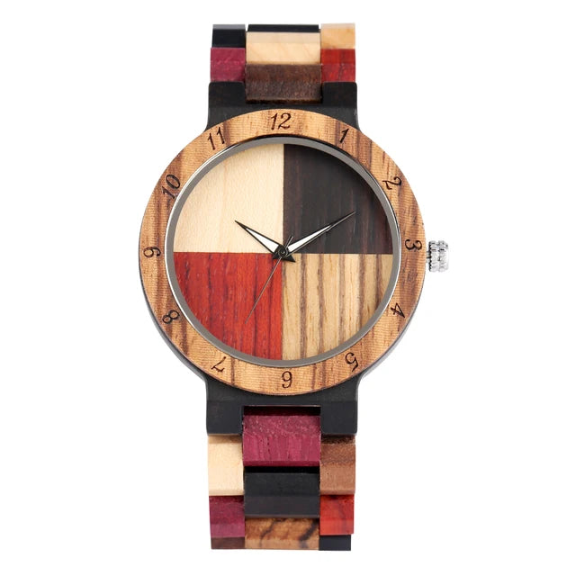 Vintage Wooden Dial Quartz Watch with Colorful Wooden Bangle Band