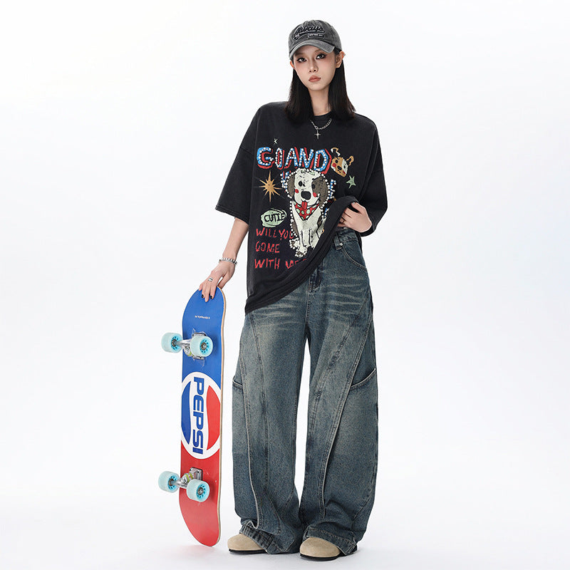 Deconstructed Wide Leg Denim Pants - Premium Japanese Craftsmanship