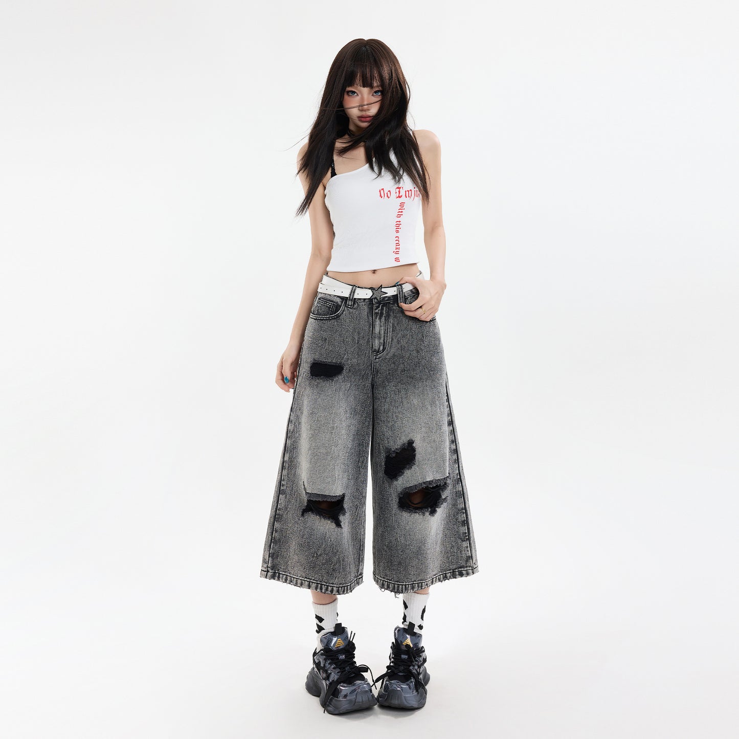 Black Gray Hole Seven-Point Denim Pants for Women - Vintage Wide-Leg Straight Leg Style