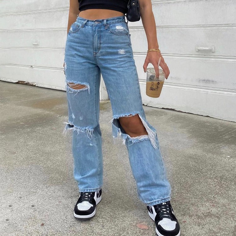High Waist Straight Women's Ripped Jeans - Blue Denim Fashion Trousers