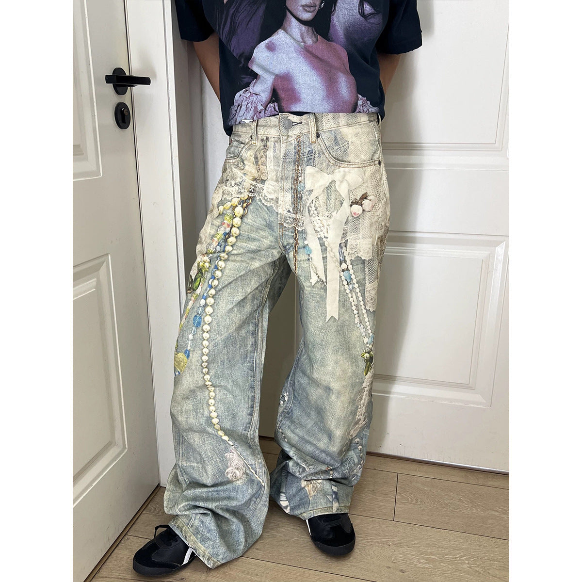Premium Printed Washed Denim Pants with Loose and Wide Legs