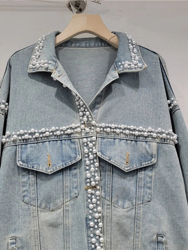 Women's Light Blue Denim Jacket with Pearl Embroidery and Flares