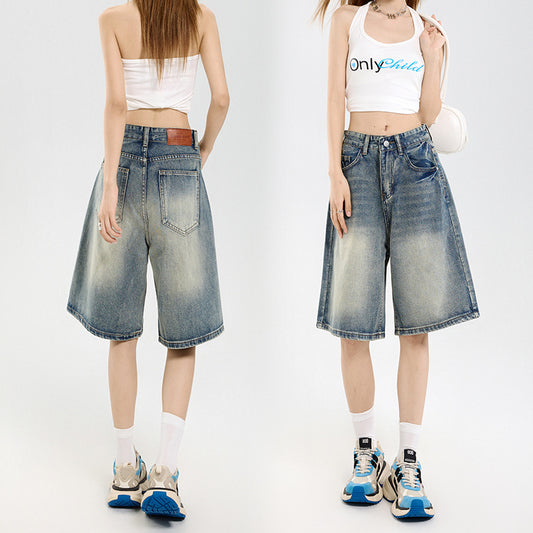 Women's Retro Denim Shorts - High Waist Slim Straight Leg Capri