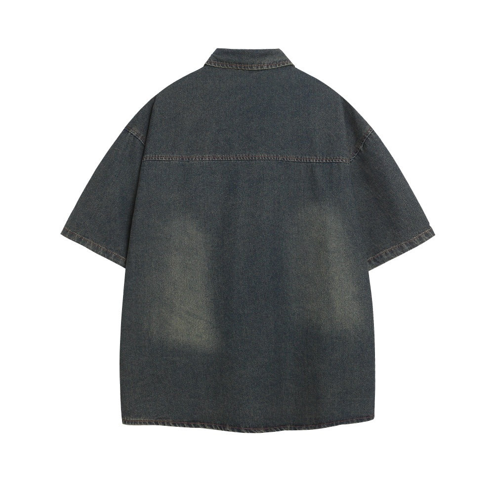 Punk Vintage Washed Denim Shirt Men's Color Block Plaid Collar Short Sleeve Loose