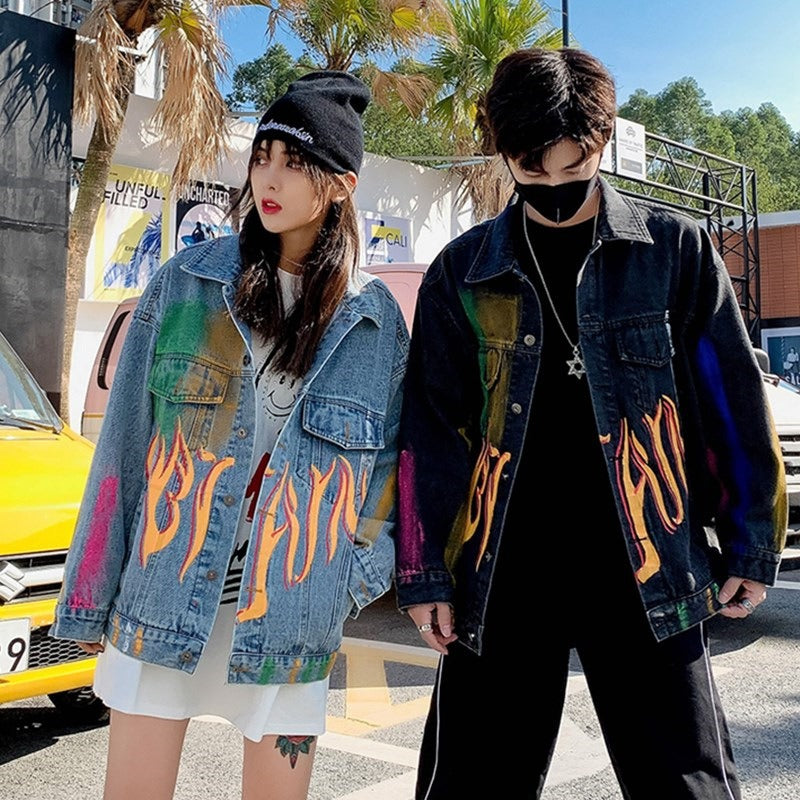 Harajuku Vintage Hand Painted Graffiti Print Denim Jacket