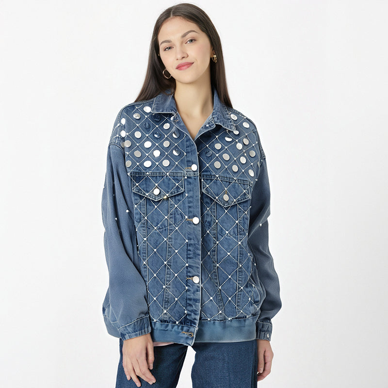 Women's Denim Jacket with Big Sequins, Pearls, and Rhinestones – New Autumn Fashion
