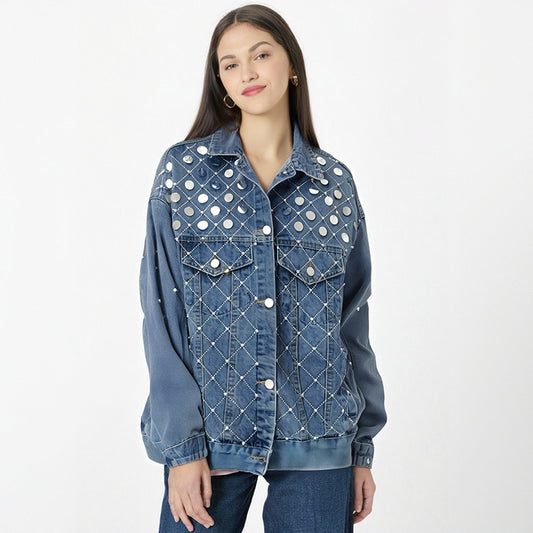 Women's Denim Jacket with Big Sequins, Pearls, and Rhinestones – New Autumn Fashion