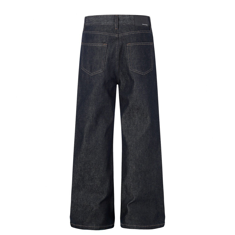 Black Cotton Denim Straight Leg Pants — Mid Rise, Zipper Fly, Street Style